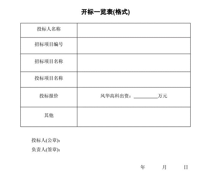 開(kāi)標(biāo)一覽表范本